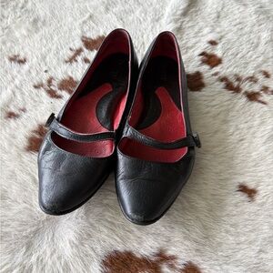 Black Mary Jane Leather Flats with Red Interior